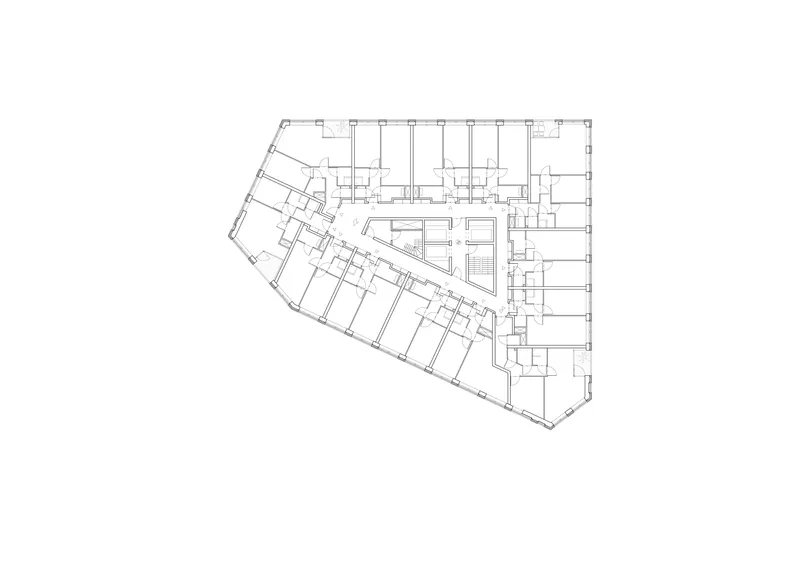 Floor plan drawing showing triangular perimeter with diagonal corridor dividing office spaces from central services