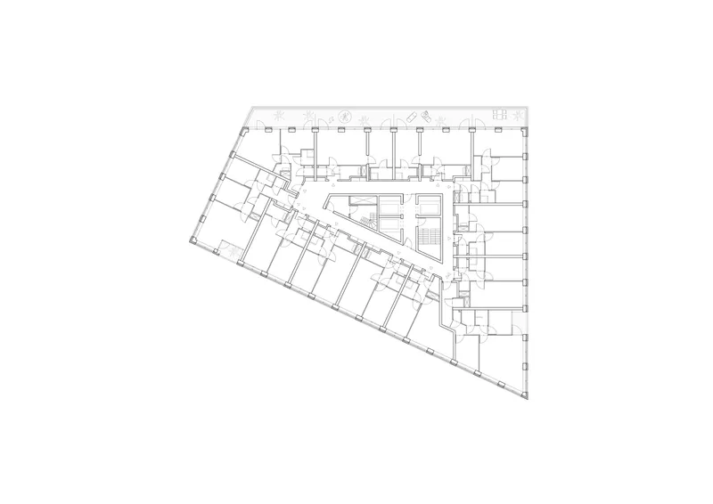 Floor plan drawing showing roof level with outlined structural bays and triangular building footprint