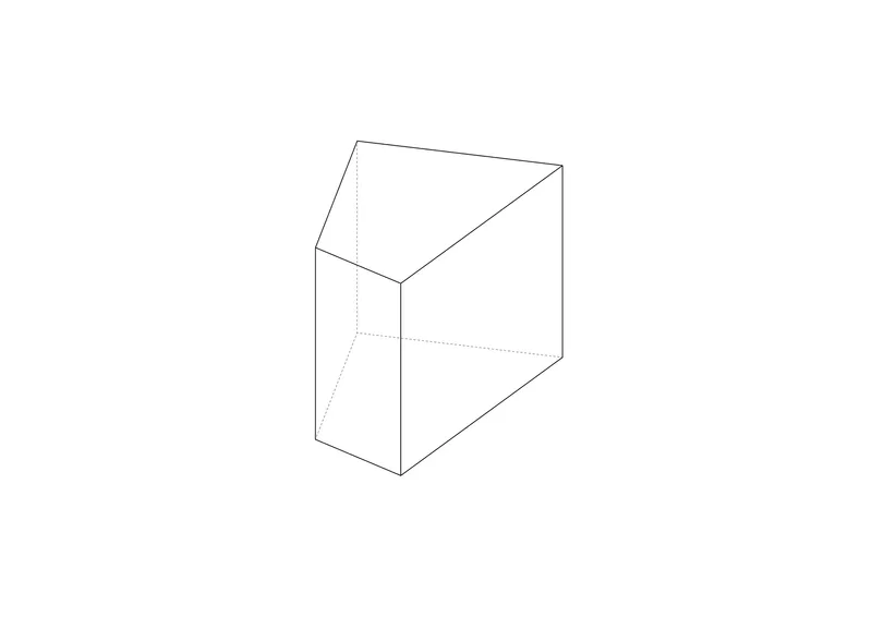 Axonometric drawing showing a wedge-shaped volume with sloped roof and triangular massing
