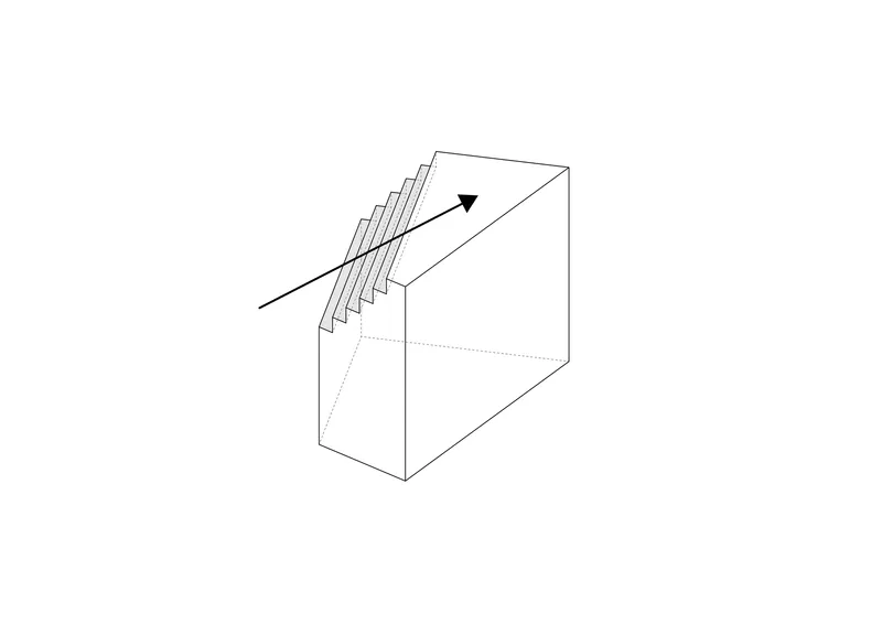 Isometric diagram showing a staircase ascending diagonally through a rectangular volume with an arrow indicating direction