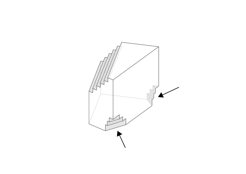 Isometric diagram showing staircase entry points at upper and lower levels within a rectangular volume