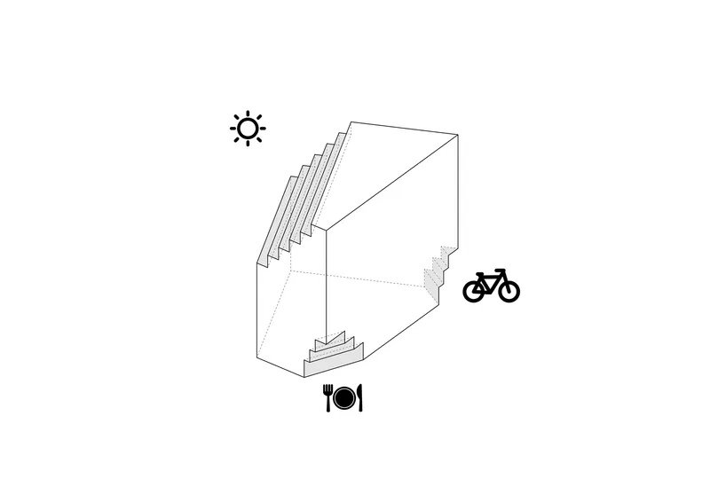 Isometric diagram with sun, bicycle, and dining icons illustrating circulation and program within a stepped volume