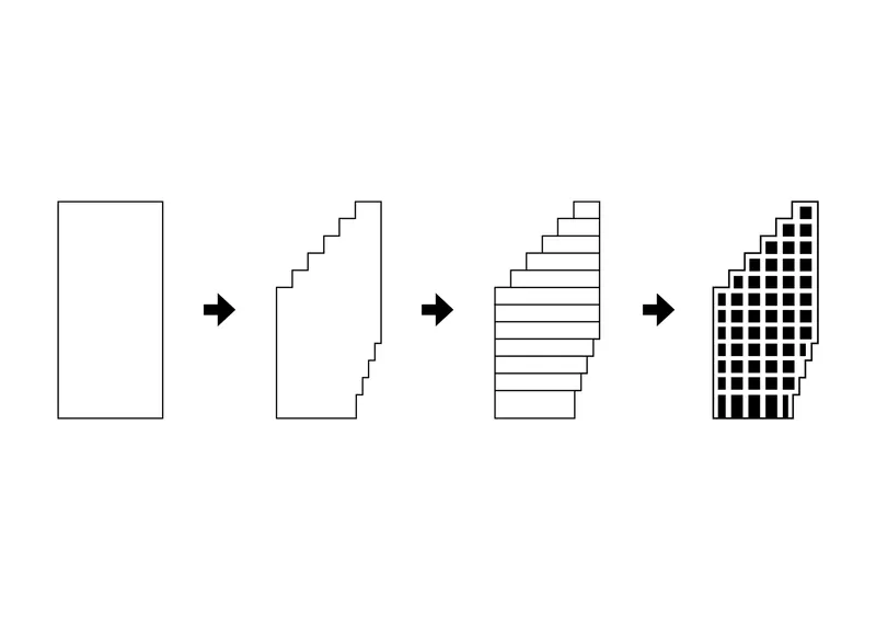 Elevation diagram sequence showing the transformation from a rectangle to a stepped facade with window openings