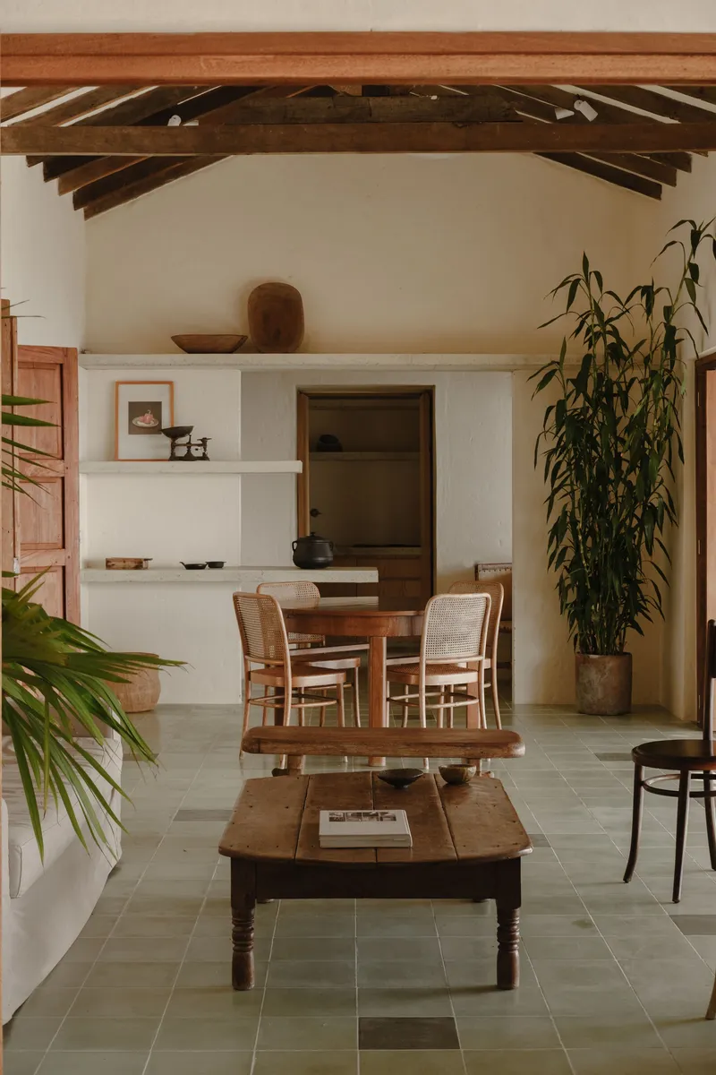 Living space with exposed timber roof truss and built-in shelving under warm afternoon light