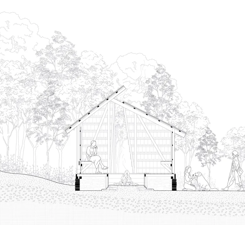 Section drawing depicting the gabled timber structure with diagonal bracing and a figure with a dog