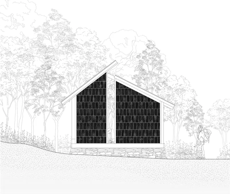 Elevation drawing of the gabled end wall clad in dark shingles on a stone plinth