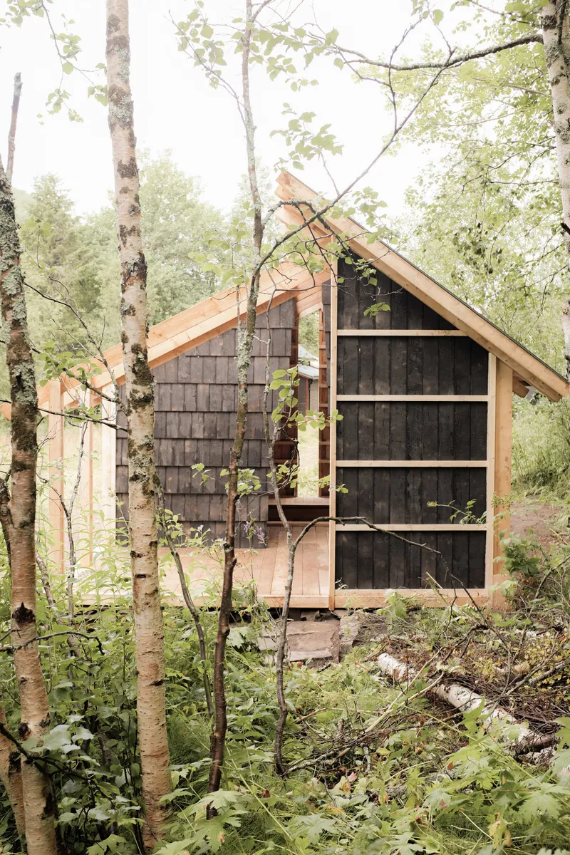 Gable end clad in dark shingles with large glazed opening framed by birch trees
