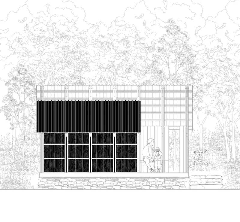 Elevation drawing of the gridded facade with dark timber panels and white-framed openings beside trees