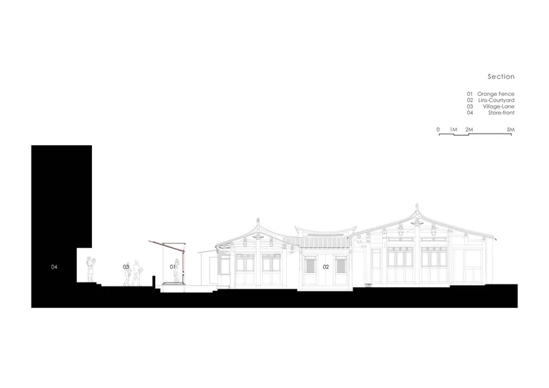 Section drawing showing a low-rise building with pitched roofs adjacent to a dark solid mass