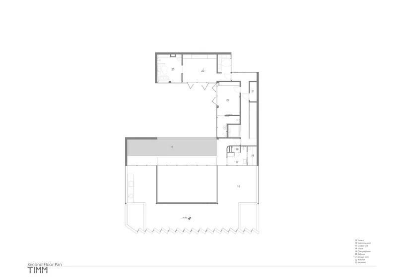 Second floor plan drawing showing bedroom wing with central corridor and rooftop terrace