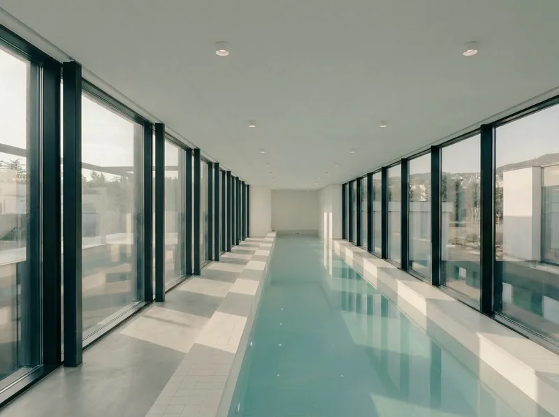 Indoor pool flanked by floor-to-ceiling glass walls with dark metal frames under recessed lighting