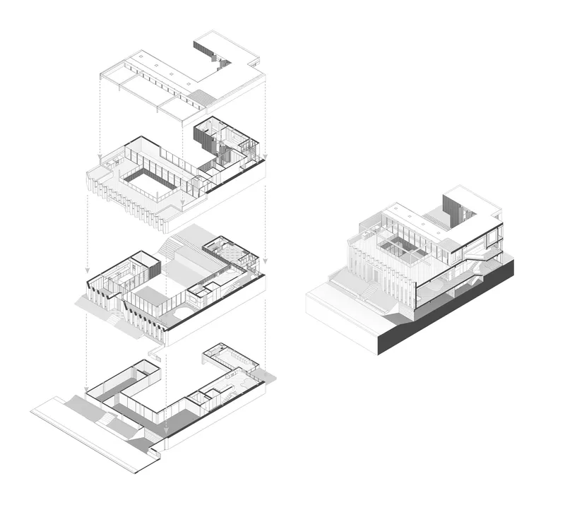 Axonometric drawing showing exploded floor levels and interior spatial relationships of a multi-story structure