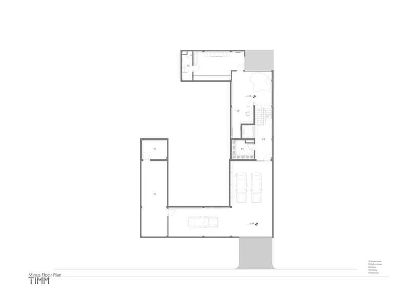 Ground floor plan drawing showing L-shaped layout with garage and service spaces
