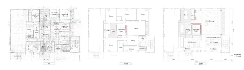 Floor plan drawings showing the evolution of the residential layout across three time periods
