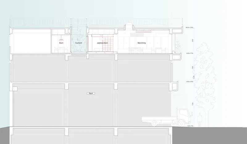 Section drawing revealing the relationship between upper residential spaces and ground-floor commercial volume with courtyard