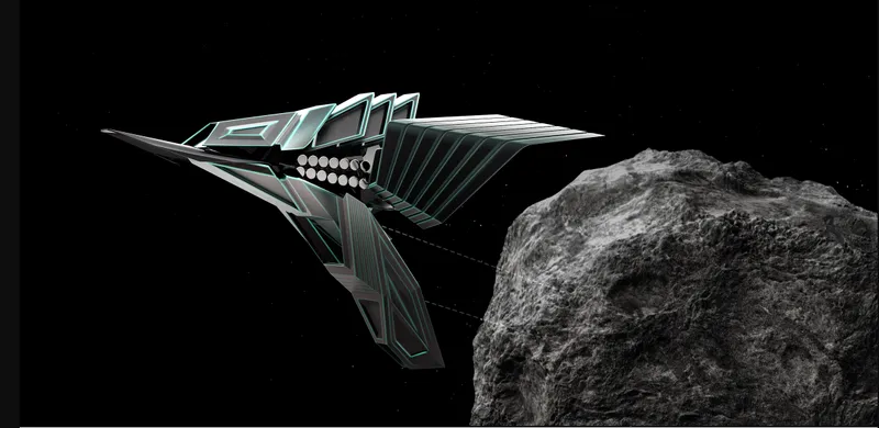 Solar-powered spacecraft harvesting energy near an asteroid for sustained operation.