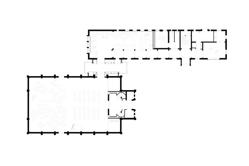 Floor plan drawing showing two connected halls with seating layouts and adjoining service rooms