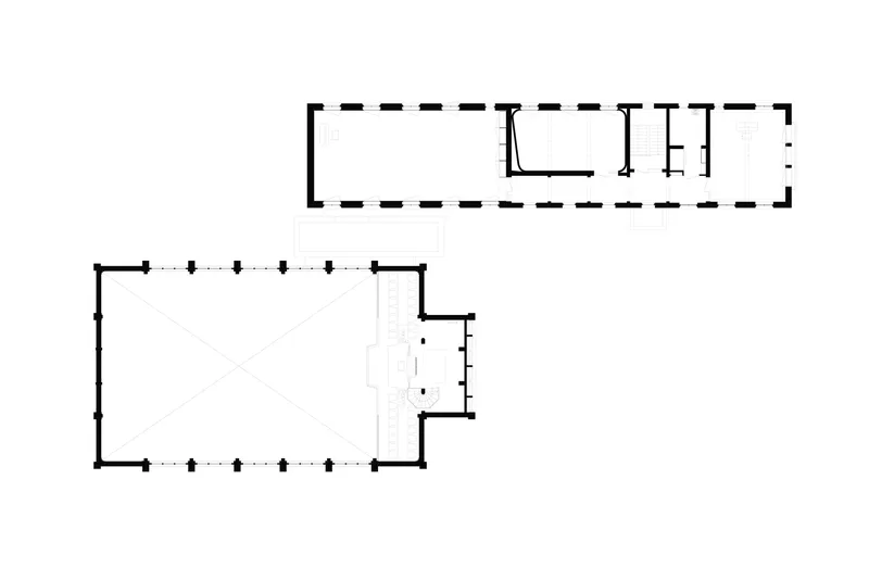 Floor plan drawing depicting a large hall and adjacent rectangular wing linked by a connector