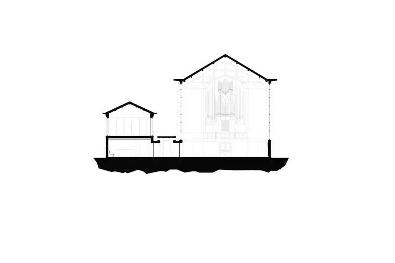 Section drawing revealing two gabled volumes with a tall central space and solid black foundation