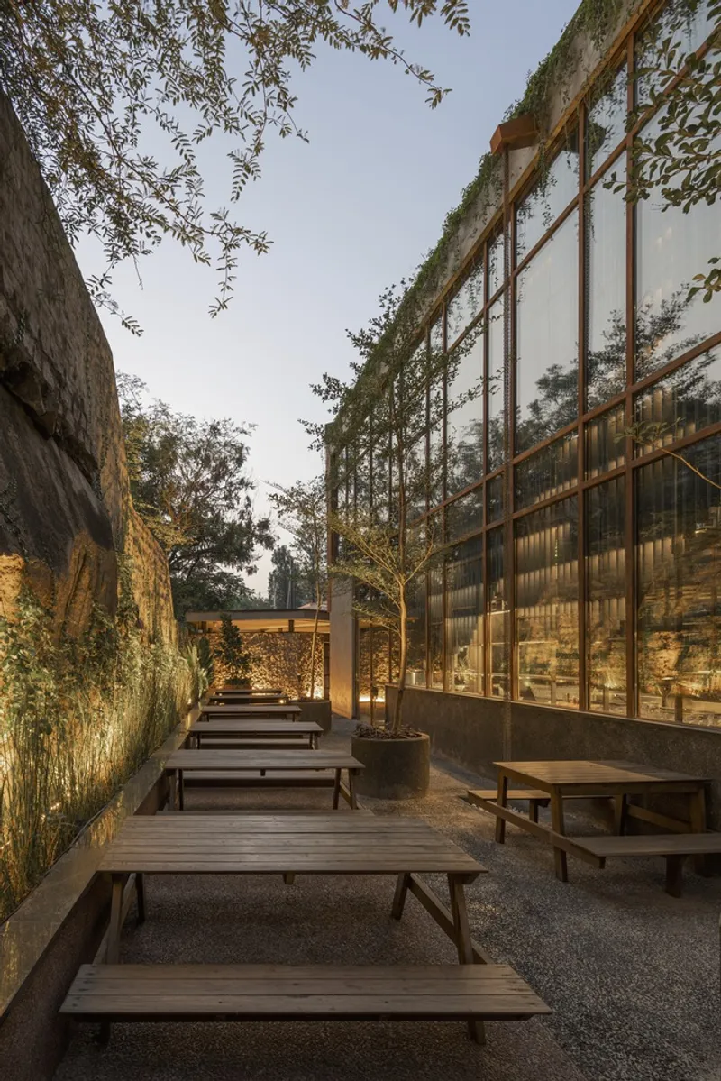 Outdoor terrace with timber benches and glazed facade with trailing vines at dusk
