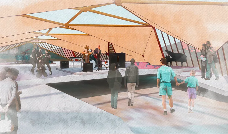 Multi-functional performance zone adapting to concerts, street art, and spontaneous cultural events.