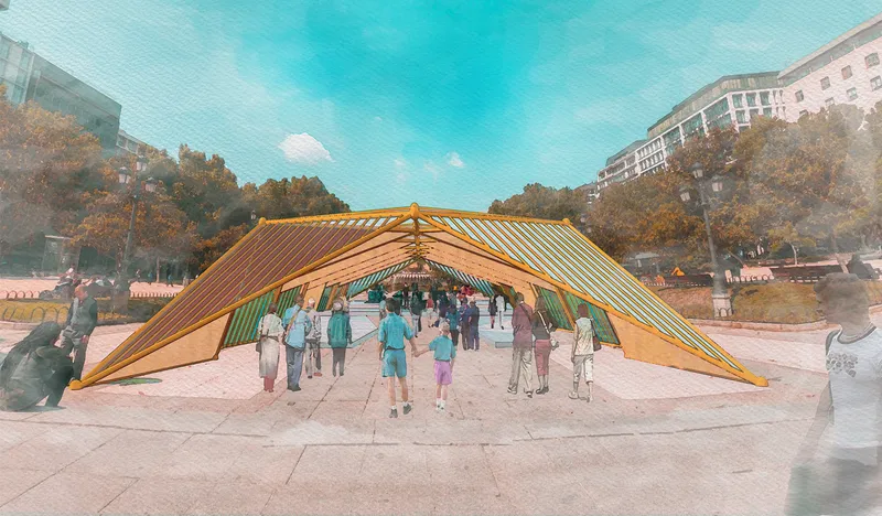 A modular portable pavilion activates the public square, inviting people into an open, accessible performance space.