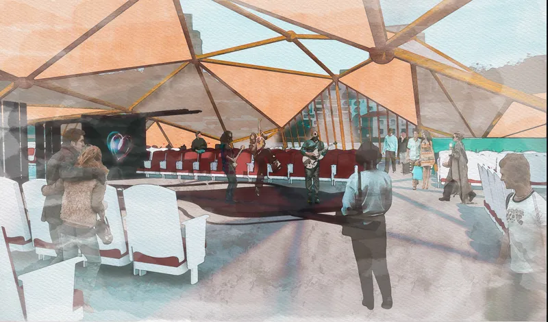 Interior view showcasing a flexible stage and seating layout designed for immersive live performances.