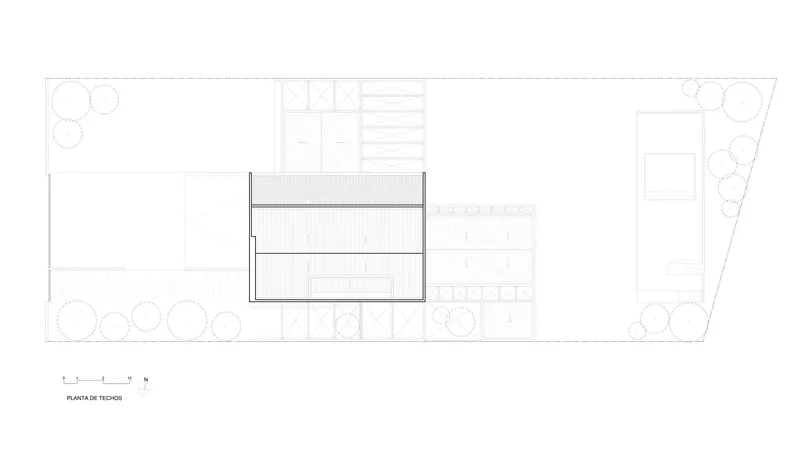 Roof plan drawing illustrating slatted canopy and surrounding landscape with circular tree plantings