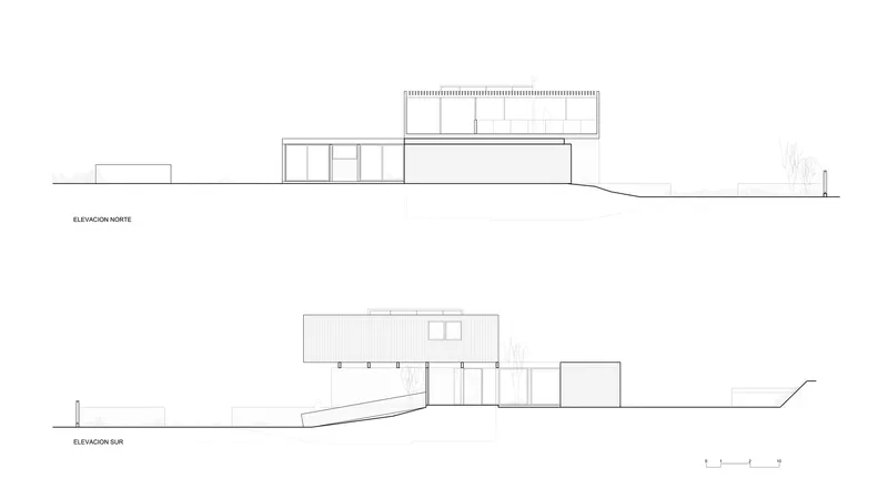 North and south elevation drawings depicting stacked volumes on sloping terrain