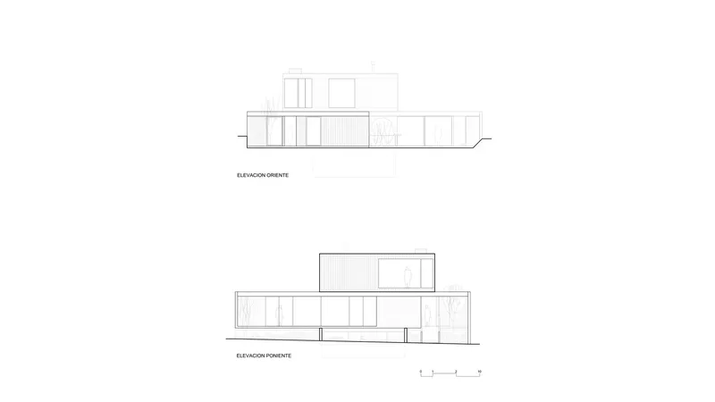 East and west elevation drawings showing layered boxes with varying window openings