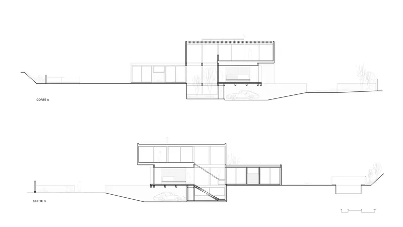 Section drawings revealing internal staircases connecting split-level volumes on a grade