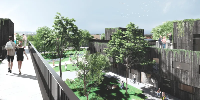 Green terraces and elevated walkways foster community interaction within a layered sustainable housing environment.