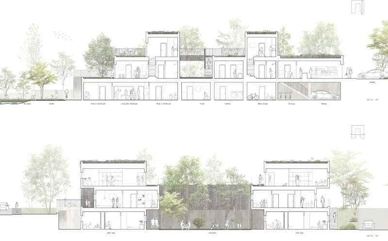 Sectional strategy reveals layered living, circulation, and shared spaces organized around a central courtyard.
