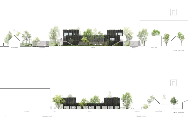 Facade articulation reflects stepped massing and landscape integration within a low-rise urban housing scheme.
