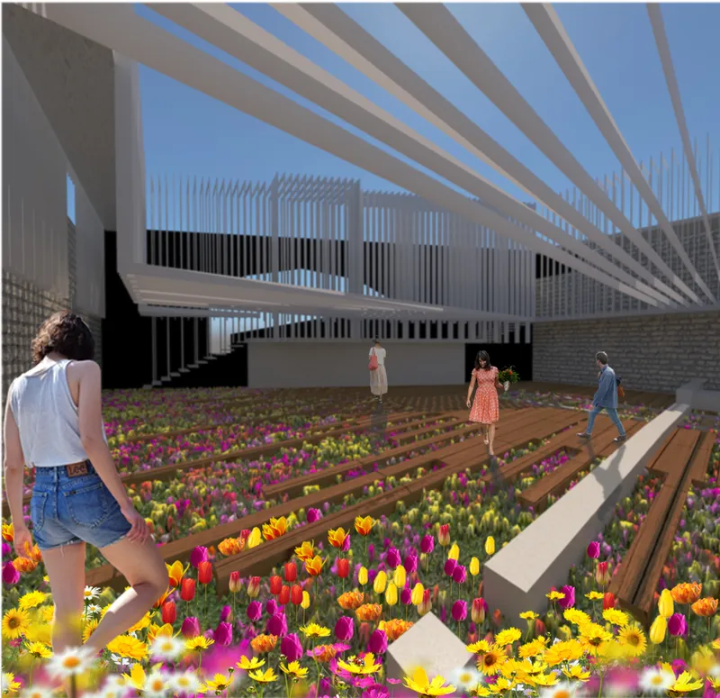 Vertical elements frame a dynamic journey through light and shadow.