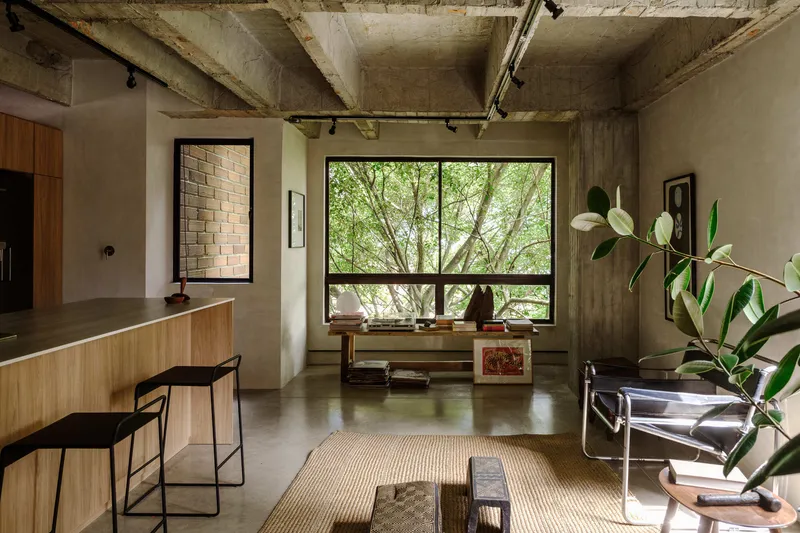 Living room window framing a view of leafy green trees outside with low wooden console beneath