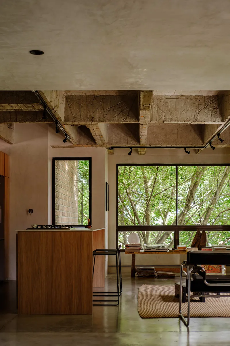 Kitchen with exposed timber ceiling structure, timber island, and windows framing trees outside