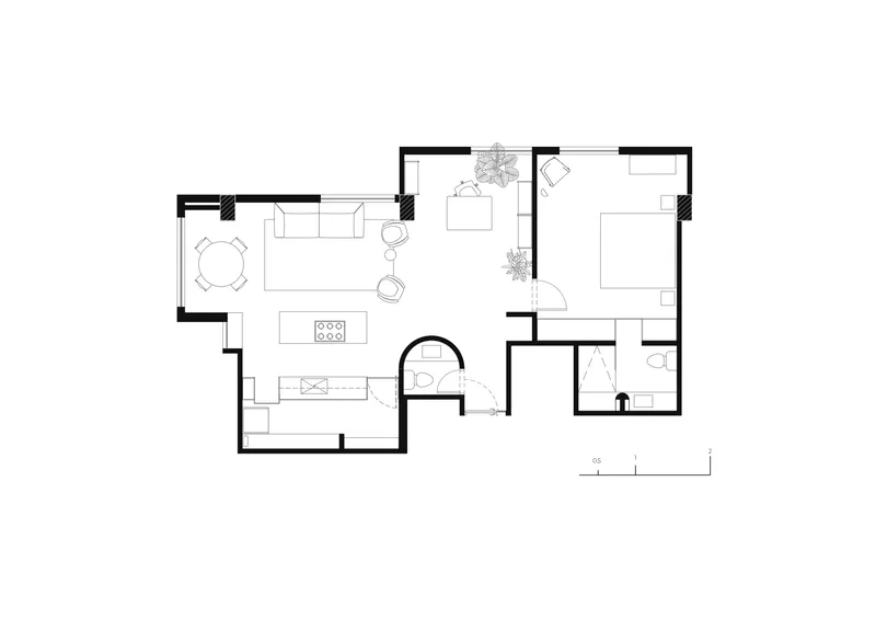 Floor plan drawing with furniture layout indicating living, kitchen, bedroom and bathroom arrangements