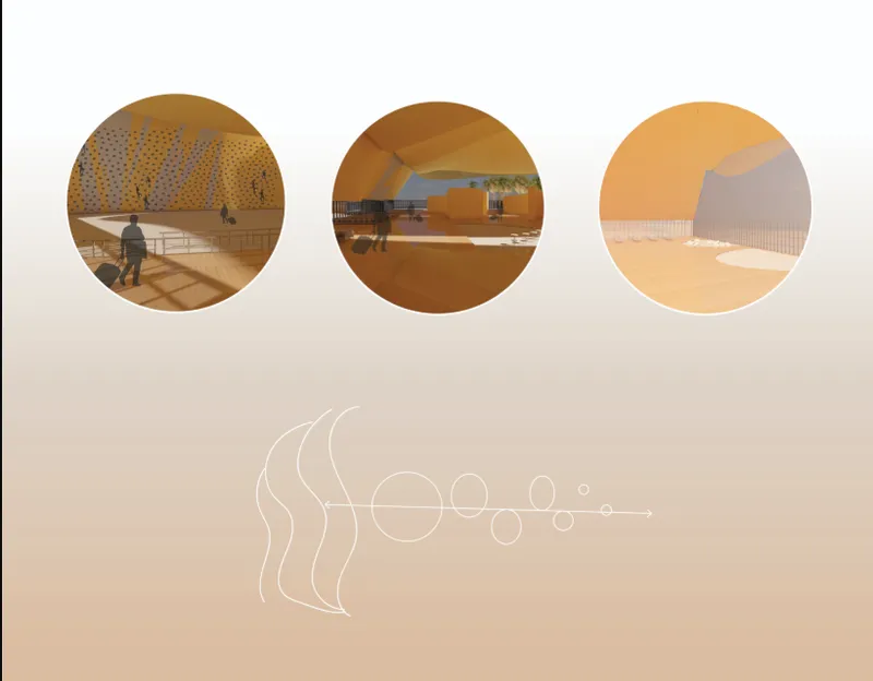 Concept diagrams and interior views showcasing the “tidal pool” spatial sequencing and experiential nodes.
