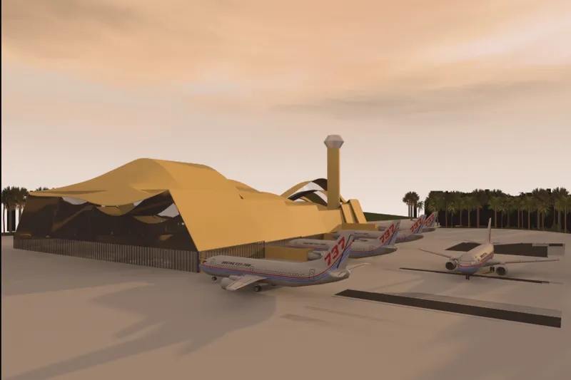 Exterior perspective of the terminal, emphasizing the wave-like form and integration with the tropical landscape.