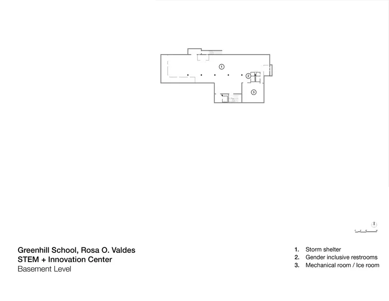 Basement level floor plan drawing showing storm shelter and service spaces