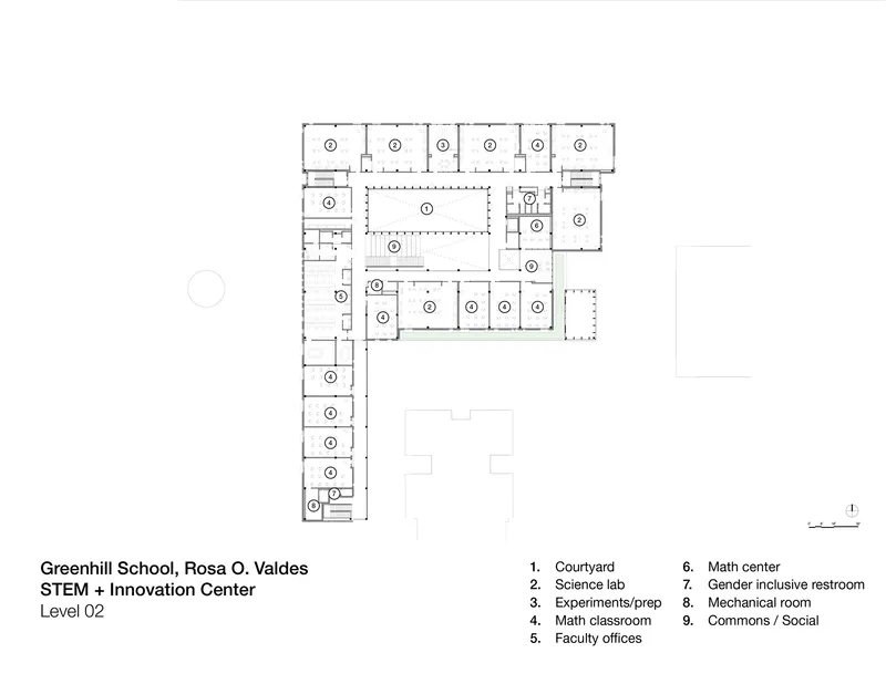 Second level floor plan drawing showing science labs and classrooms arranged around an interior courtyard