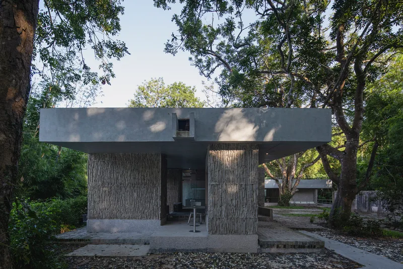 Elevated concrete pavilion with vertical timber cladding supported by cylindrical columns among mature trees