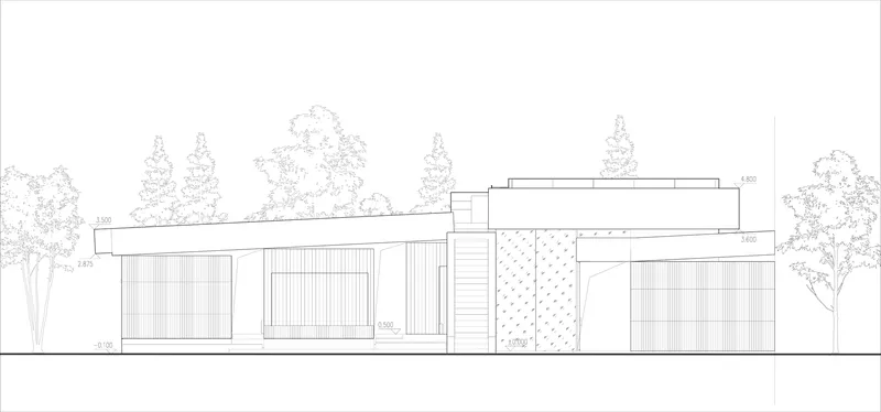Elevation drawing illustrating low-rise volumes with vertical cladding and a raised parapet element among trees