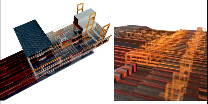 Conceptual model illustrating the structural system and spatial organization of the theatre and public platform.