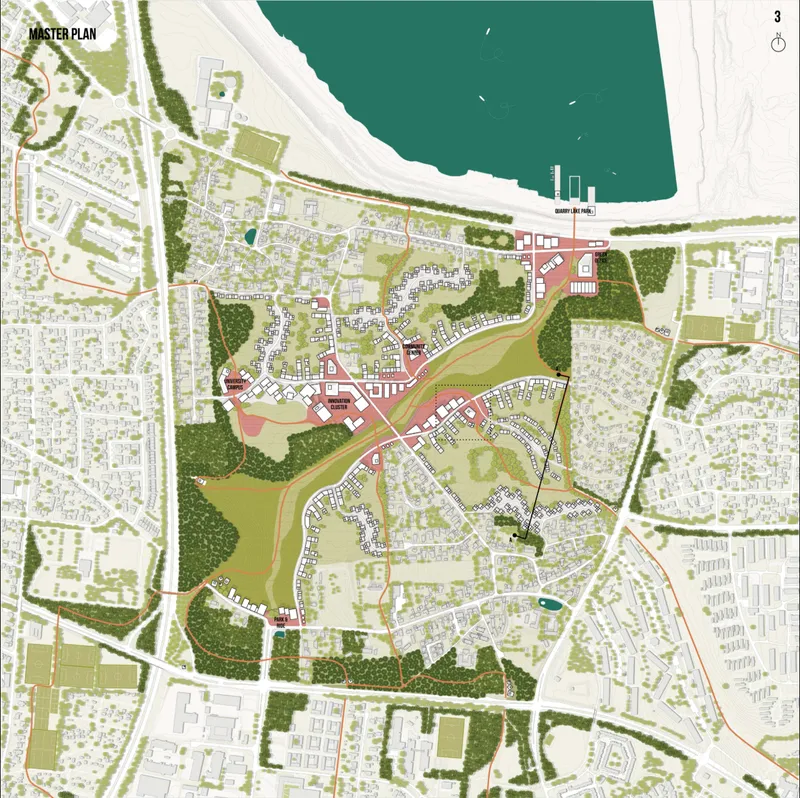 Masterplan strategy stitching fragmented urban fabric into a cohesive, sustainable district through green infrastructure.