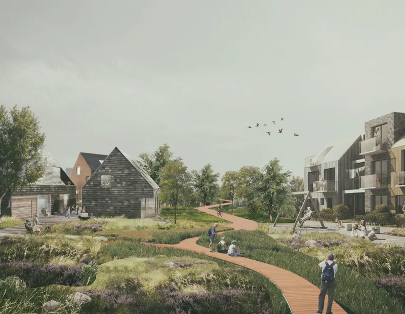 Human-scaled housing clusters embedded within ecological corridors promote inclusive and nature-driven living.