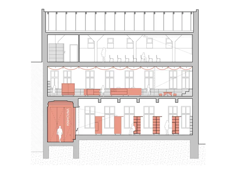 Section drawing revealing four stories with tall windows, an entry stair, and figures on multiple levels