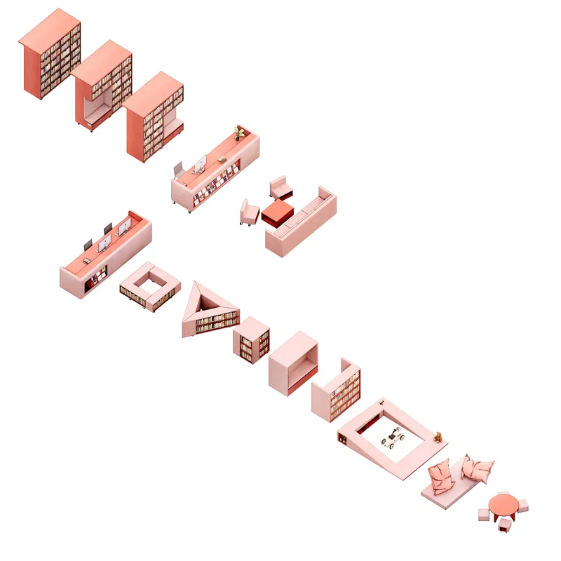 Exploded axonometric diagram showing shelving units, service counters, seating areas, and other program elements separated vertically