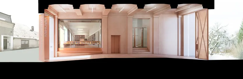 Interior view through the pink framed openings revealing timber shelving and a coffered ceiling above